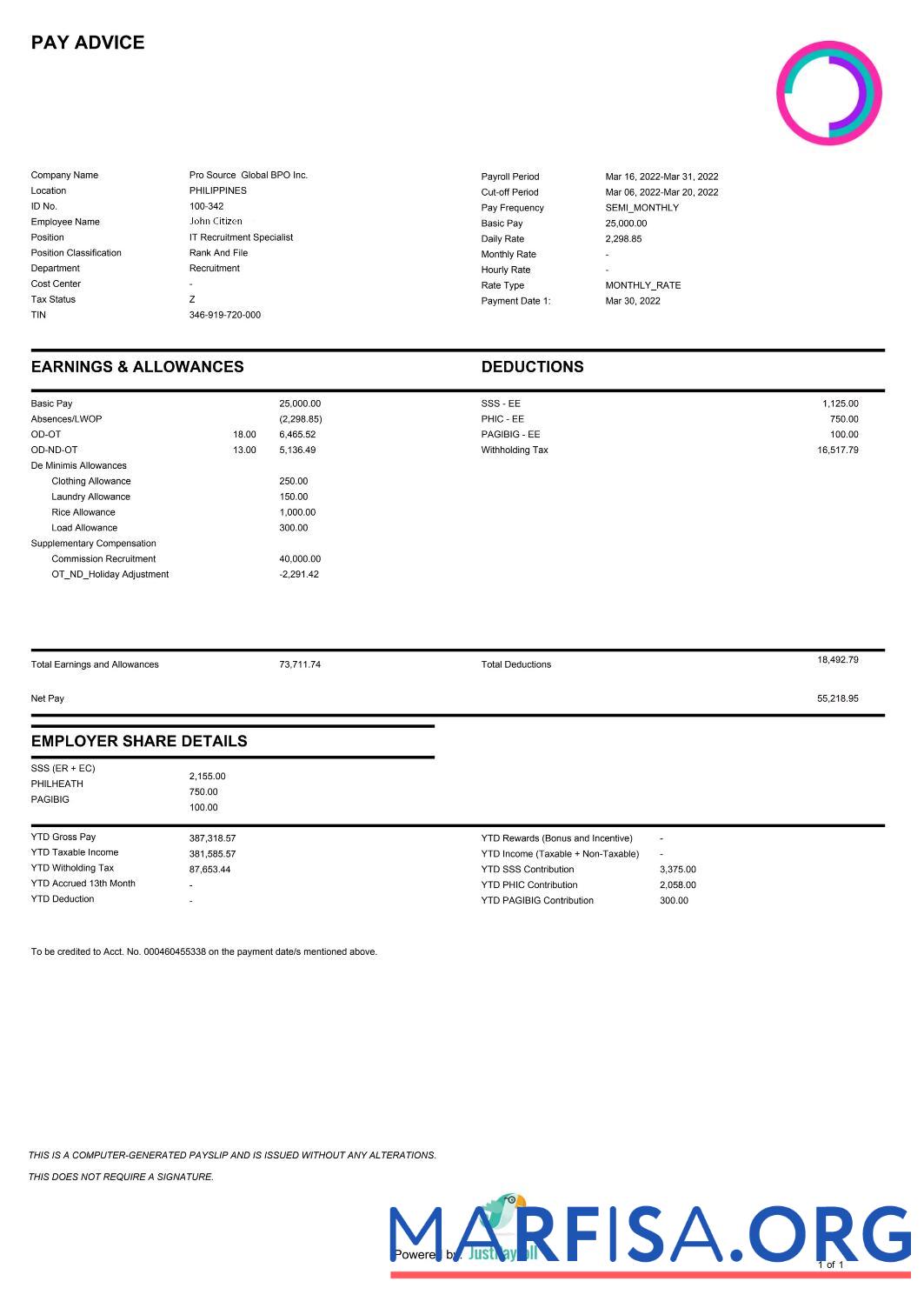 Blank Philippines PRO Source Global BPO Inc. paystub in format download for verification